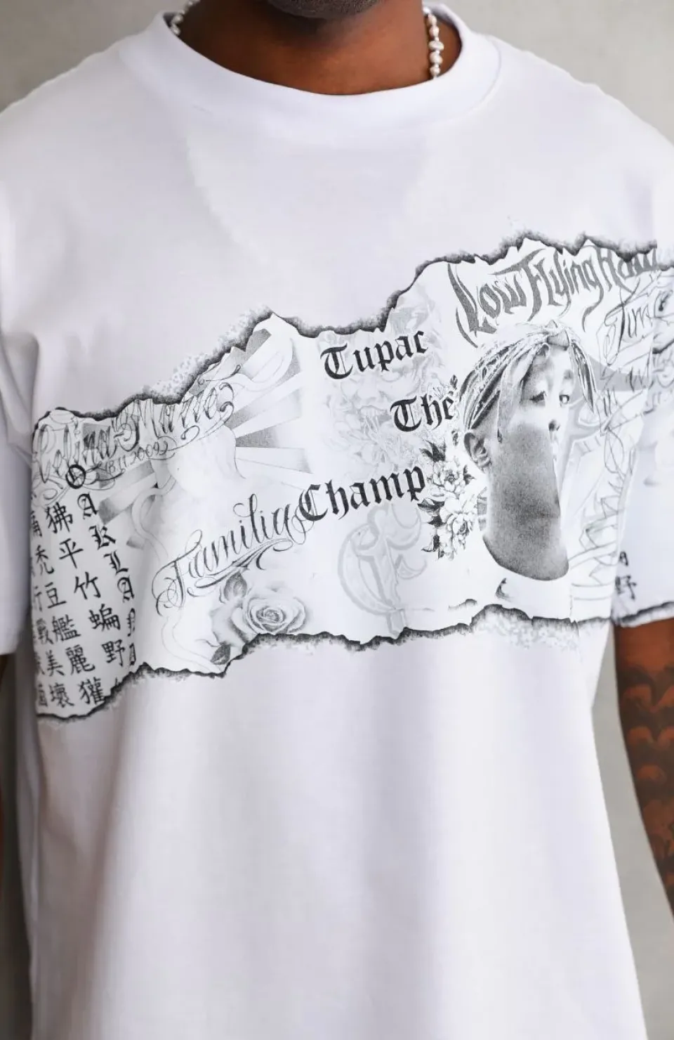 Unisex Bisiklet Yaka Baskılı Oversize T-Shirt - Beyaz