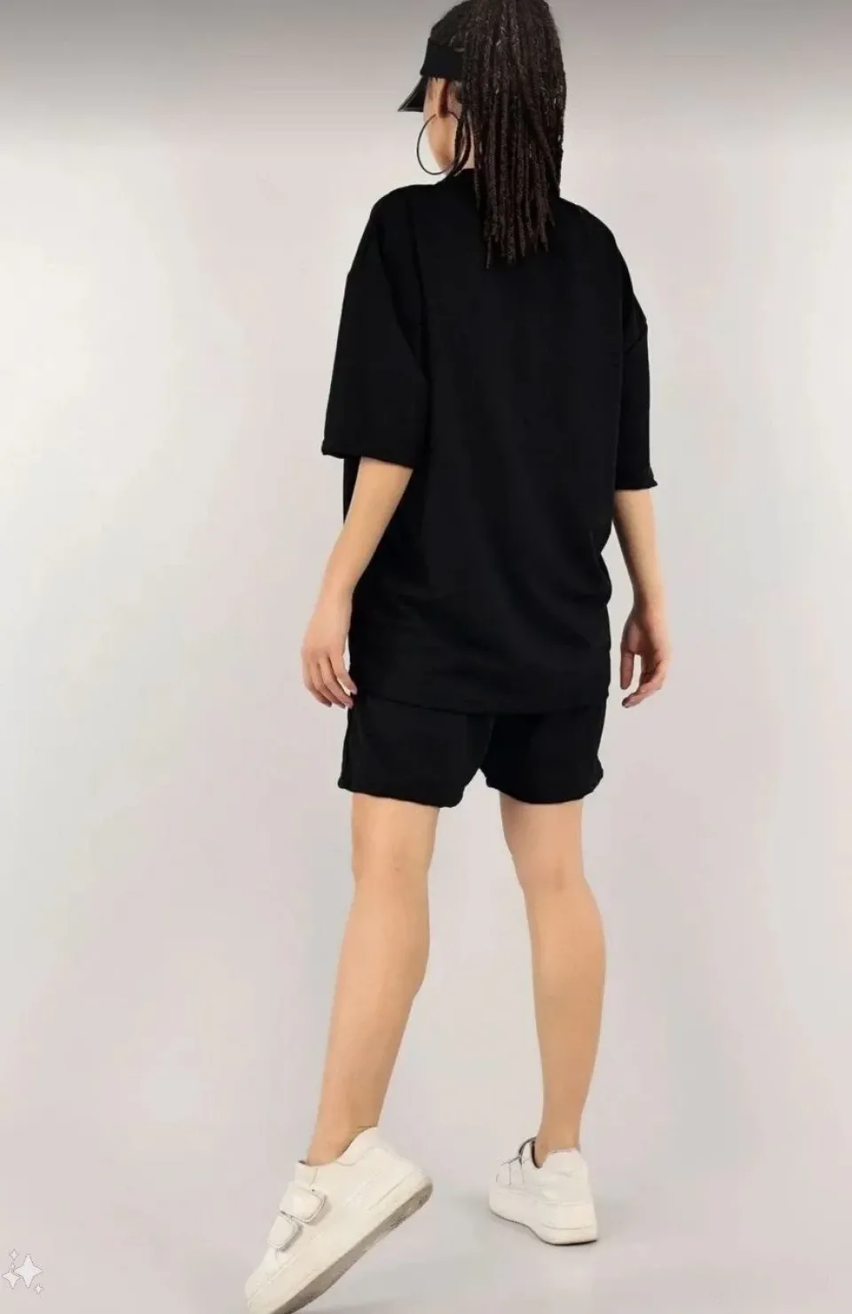 Kadın Unisex Nakış İşlemeli Şort Takım - Siyah