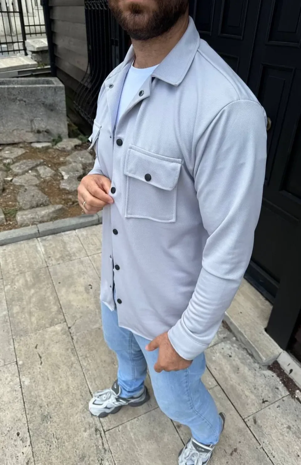 Erkek Diagonal Kumaş Cepli Çıtçıtlı uzun Kollu, Gömlek Oversize Rahat Kalıp Günlük Şık Stil - Gri