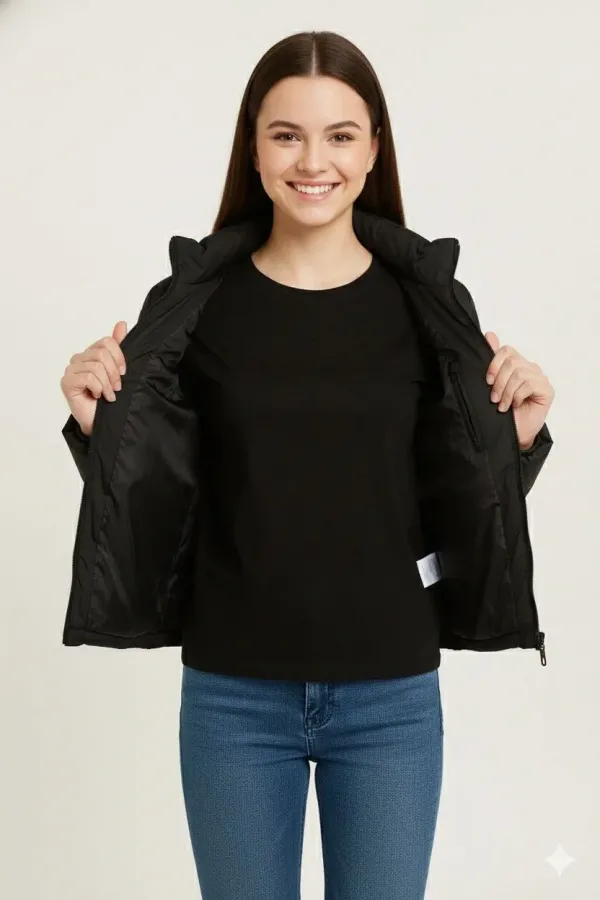 Kız Çocuk Şişme Mont Hafif ve Sıcak Tutucu Kışlık Fermuarlı Su İtici Rahat Günlük Mont Kapüşonuz Modern Tasarım - Siyah