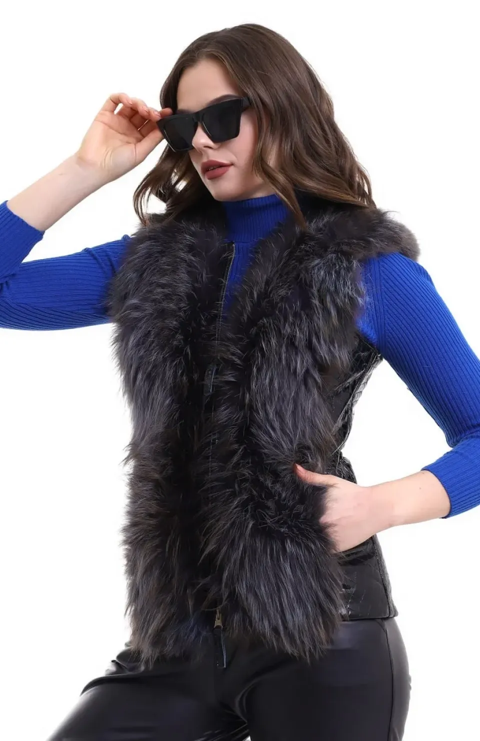 Kadın Fermuarlı Koyun Derisi Tilki Kürkü - Siyah