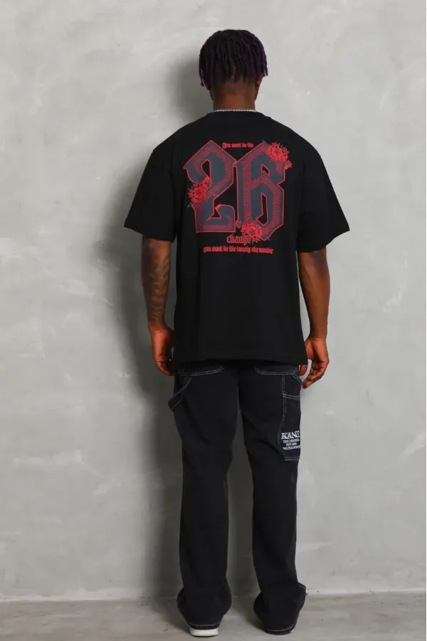 Unisex Oversize Baskılı Bisiklet Yaka T-Shirt - Siyah