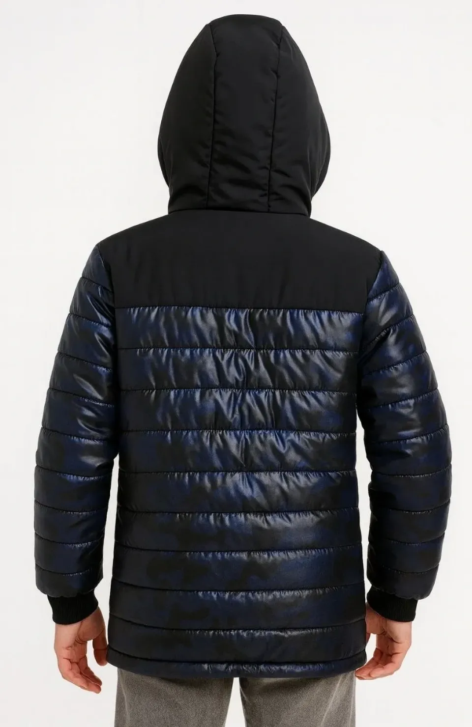 Erkek Çocuk Kamuflaj Desenli Mont İçi Sıcak Tutan Pelüş Astarlı, Kapüşonlu, Fermuarlı Kışlık Su İtici Şişme Mont - Lacivert Somersan Giyim | Kadın, Erkek ve Çocuk Moda