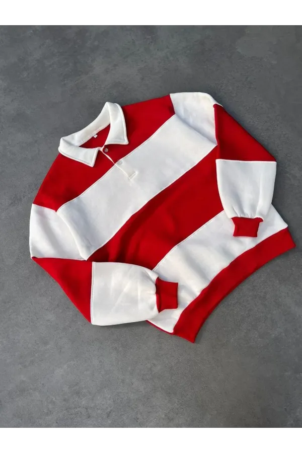 Unisex Üç İplik Parçalı Yakalı SweatShirt - Kırmızı