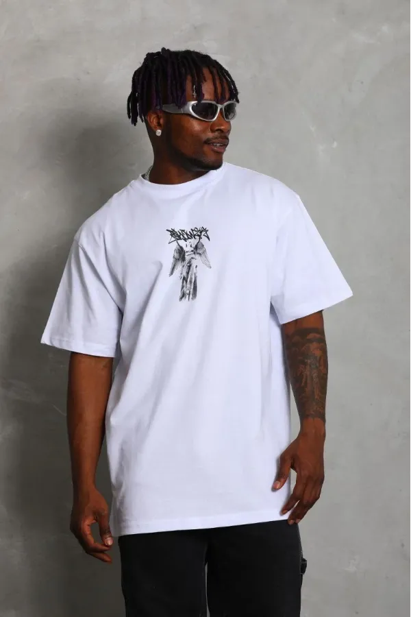 Unisex Oversize Baskılı Bisiklet Yaka T-Shirt - Beyaz