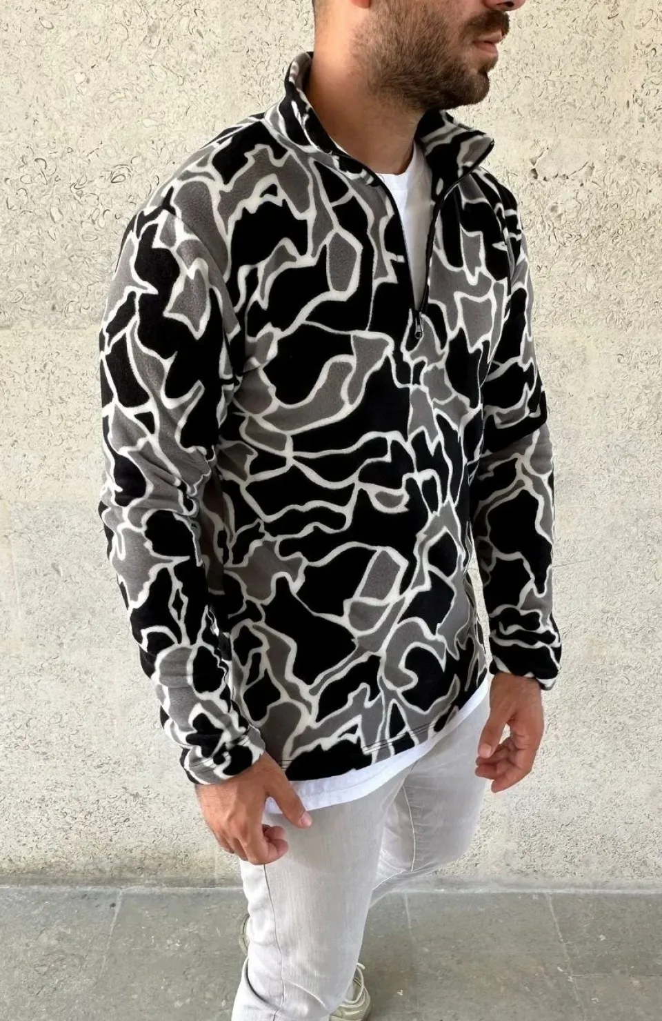 Erkek Yarım Fermuarlı Desenli Polar Sweat Yakalı, Uzun Kollu, Oversize Rahat Kalıp - Siyah