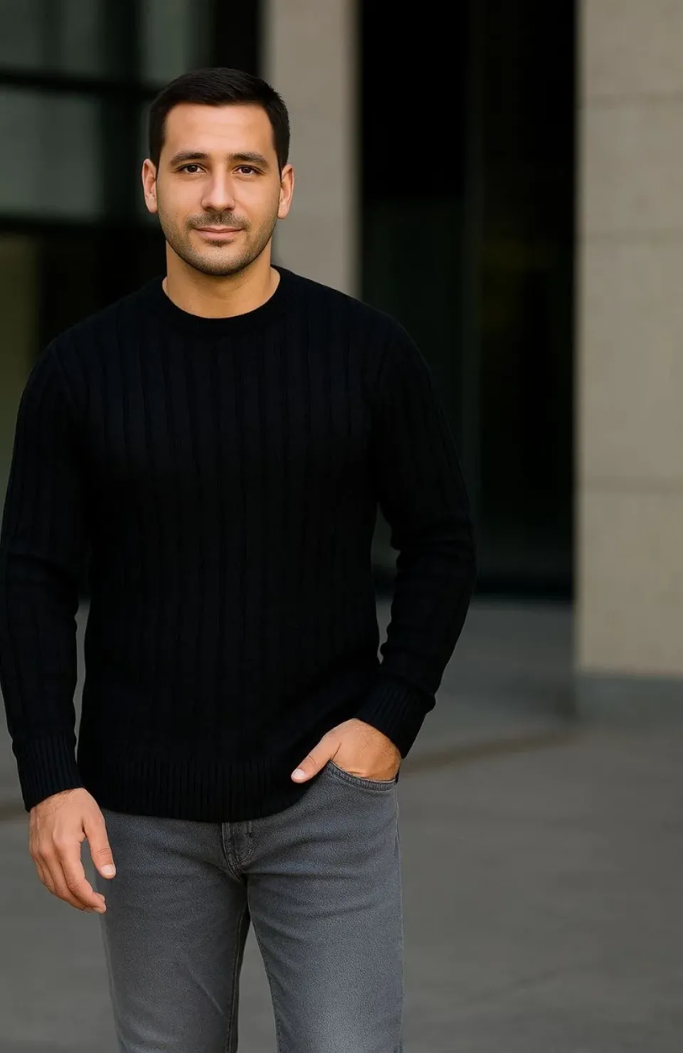 Erkek Bisiklet Yuvarlak Yaka Triko Kazak Pamuklu Kalın Fitilli Dokuma, Regular Fit Uzun Kollu Kışlık Model - Siyah