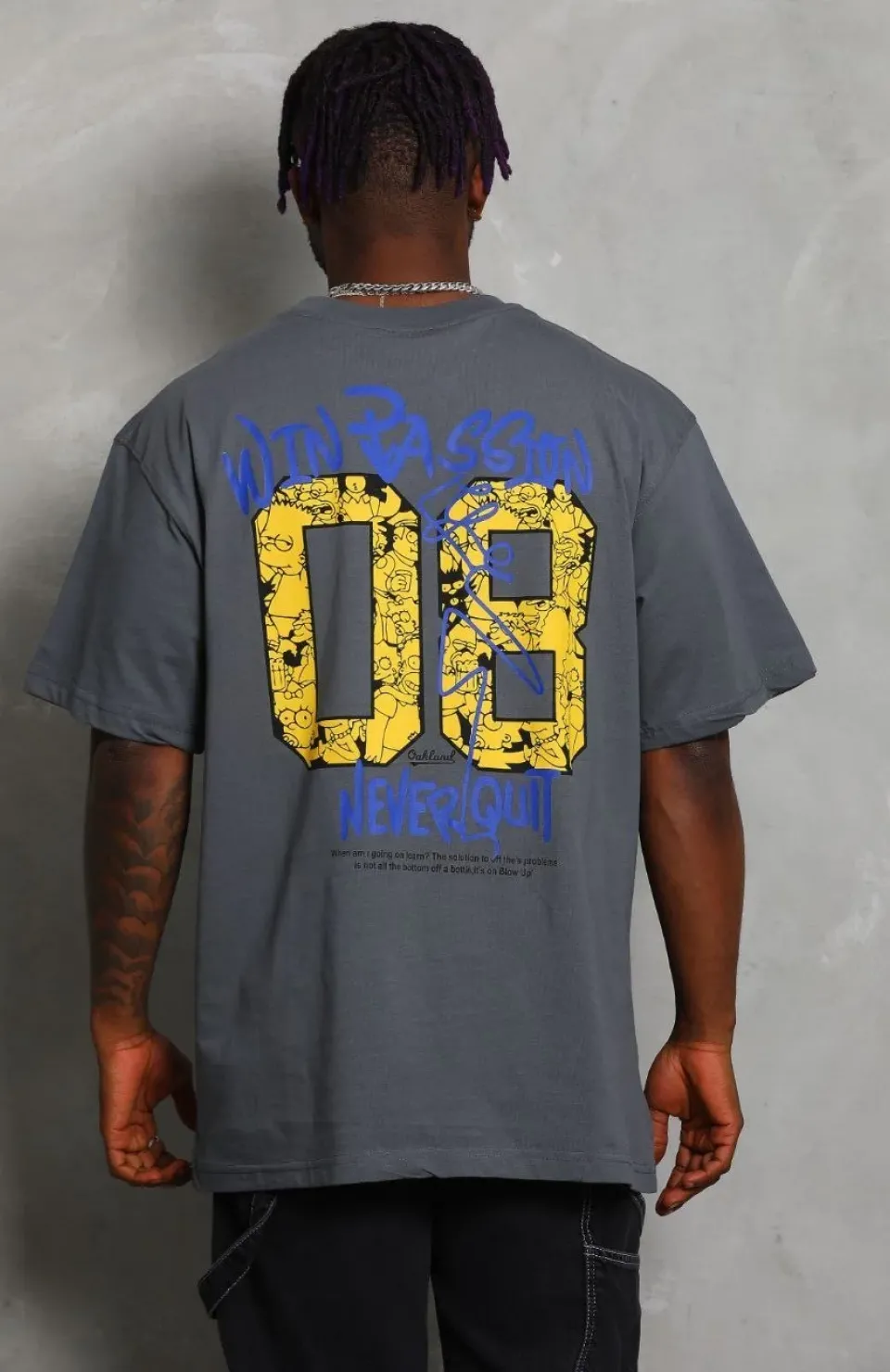 Unisex Oversize Baskılı Bisiklet Yaka T-Shirt - Füme