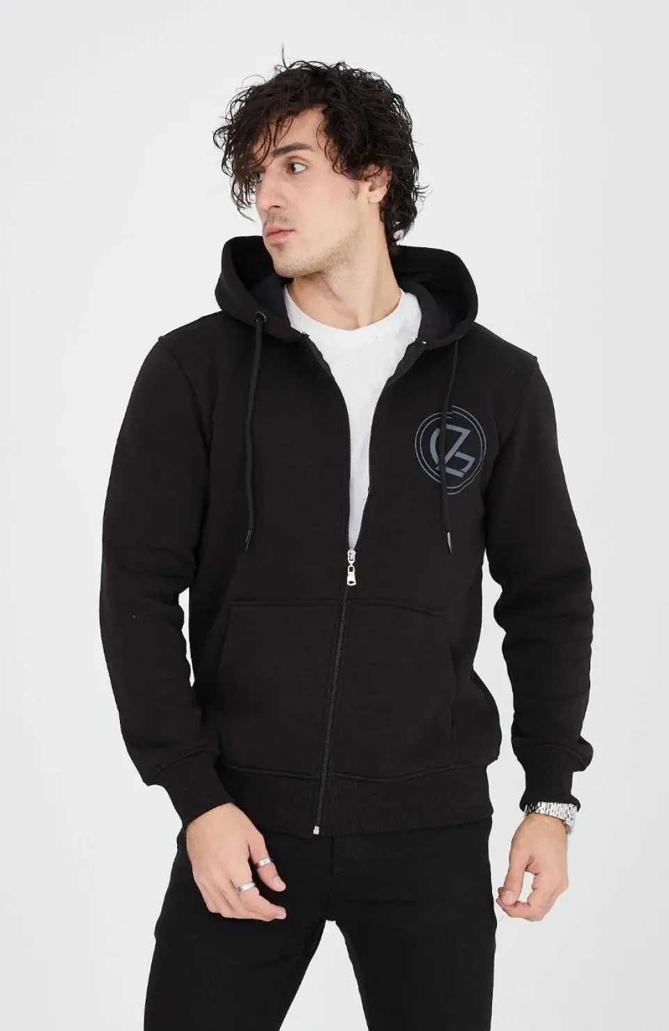 Erkek Kapüşonlu Baskılı Fermuarlı Hırka - Siyah