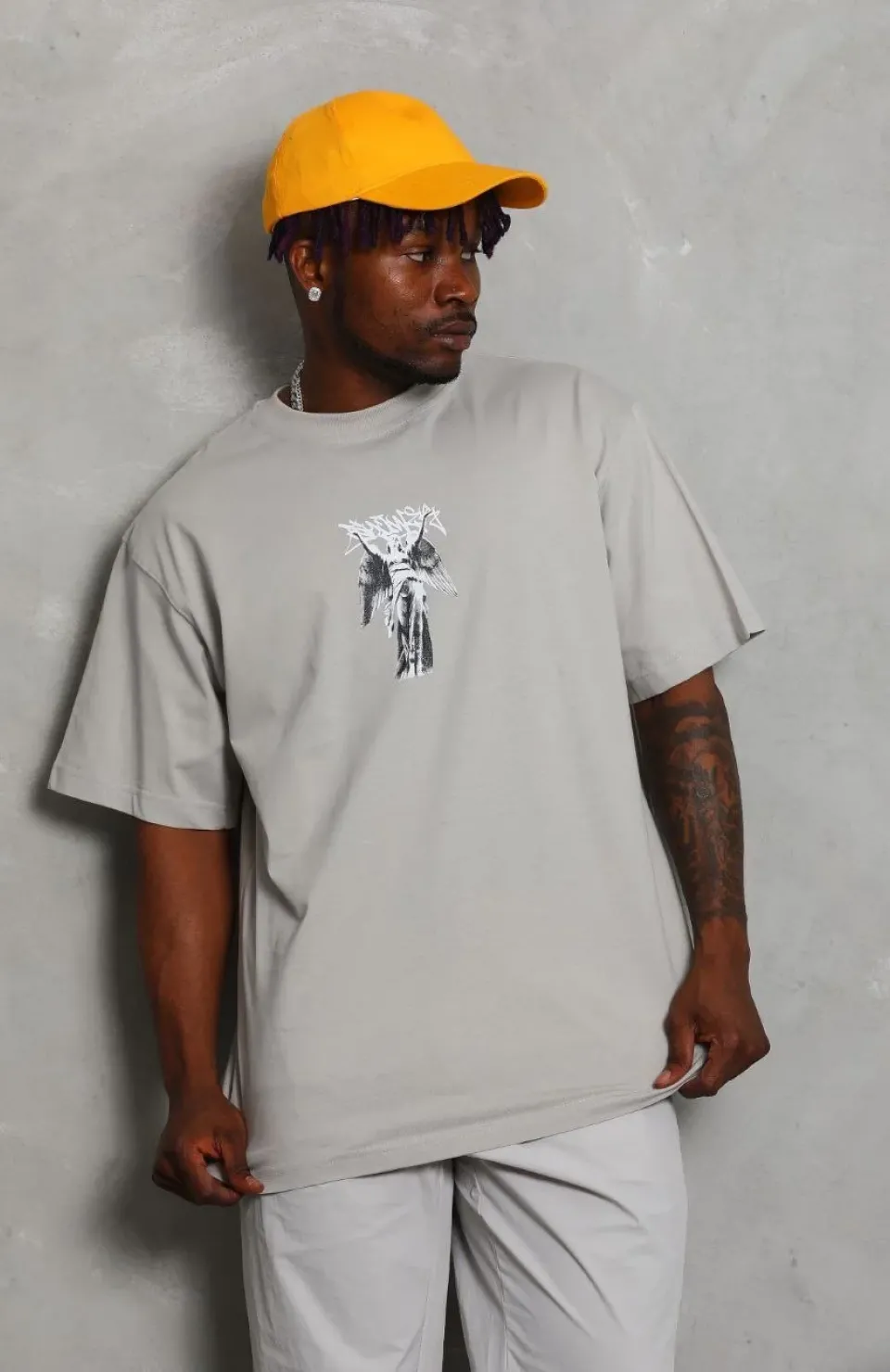 Unisex Oversize Baskılı Bisiklet Yaka T-Shirt - Gri