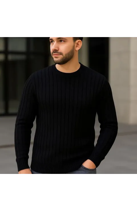 Erkek Bisiklet Yuvarlak Yaka Triko Kazak Pamuklu Kalın Fitilli Dokuma, Regular Fit Uzun Kollu Kışlık Model - Siyah