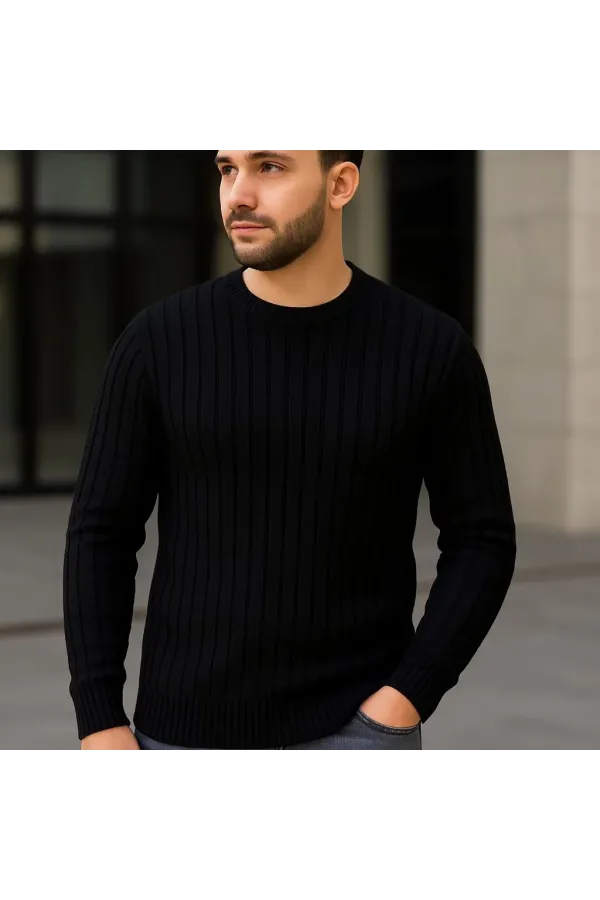 Erkek Bisiklet Yuvarlak Yaka Triko Kazak Pamuklu Kalın Fitilli Dokuma, Regular Fit Uzun Kollu Kışlık Model - Siyah