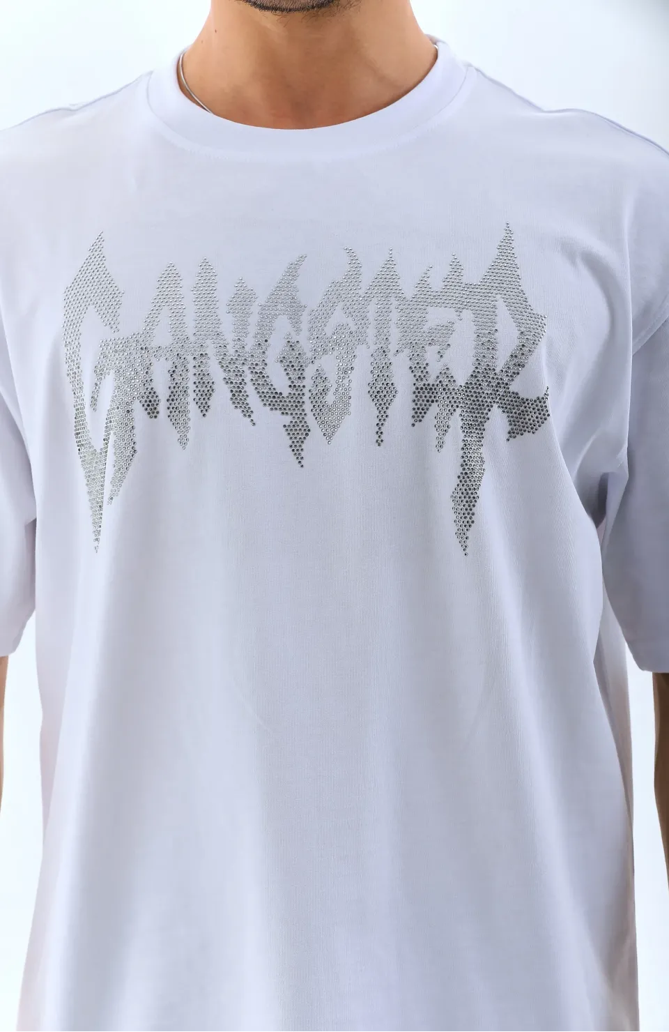 Unisex Oversize Taşlı Bisiklet Yaka T-Shirt - Beyaz