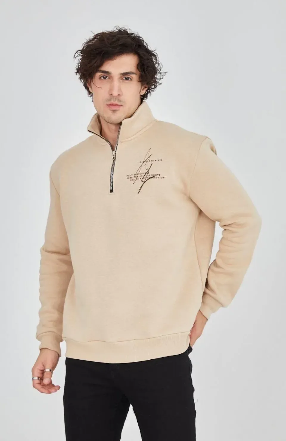 Erkek Yarım Fermuarlı Baskılı Sweat - Bej