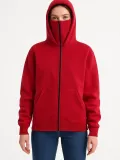 Samuray Ninja Çift Kapüşonlu Kadın Hoodie Oversize Kanguru Cepli, Bahar & Kışlık Fermuarlı Sweatshirt- Kırmızı