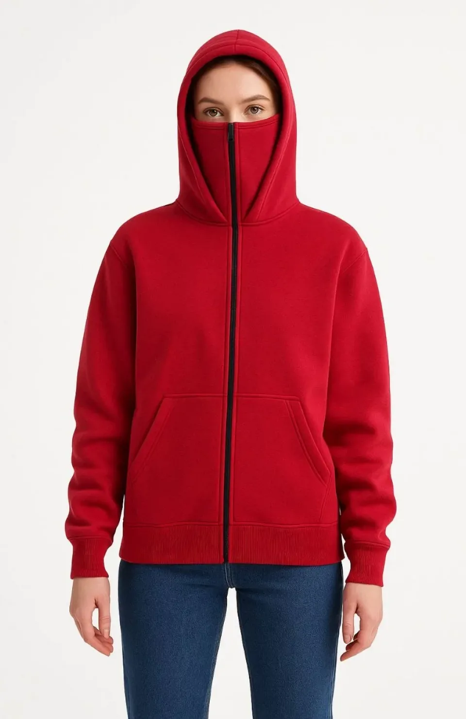 Samuray Ninja Çift Kapüşonlu Kadın Hoodie Oversize Kanguru Cepli, Bahar & Kışlık Fermuarlı Sweatshirt- Kırmızı