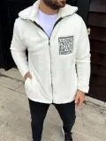 Erkek Polar Fermuarlı Sweatshirt – Kapüşonsuz, Cepli, Yumuşak Dokulu, Oversize Rahat Kalıp, Kışlık Sıcak Tutan Fermuarlı Üst - Beyaz