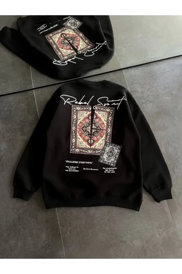 Kadın Bisiklet Yaka Baskılı SweatShirt - Siyah