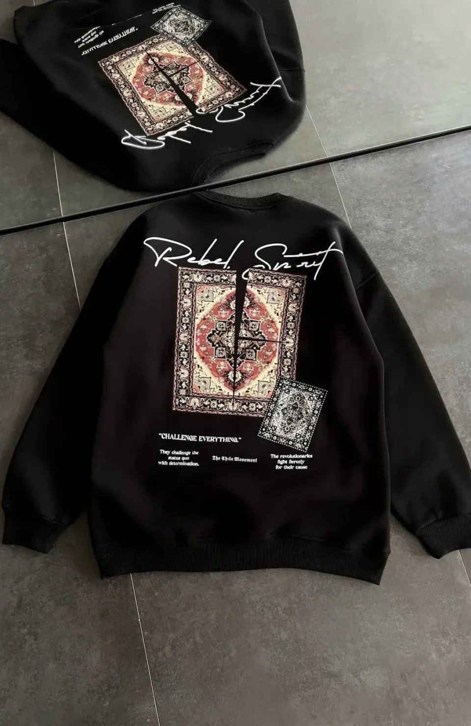 Kadın Bisiklet Yaka Baskılı SweatShirt - Siyah