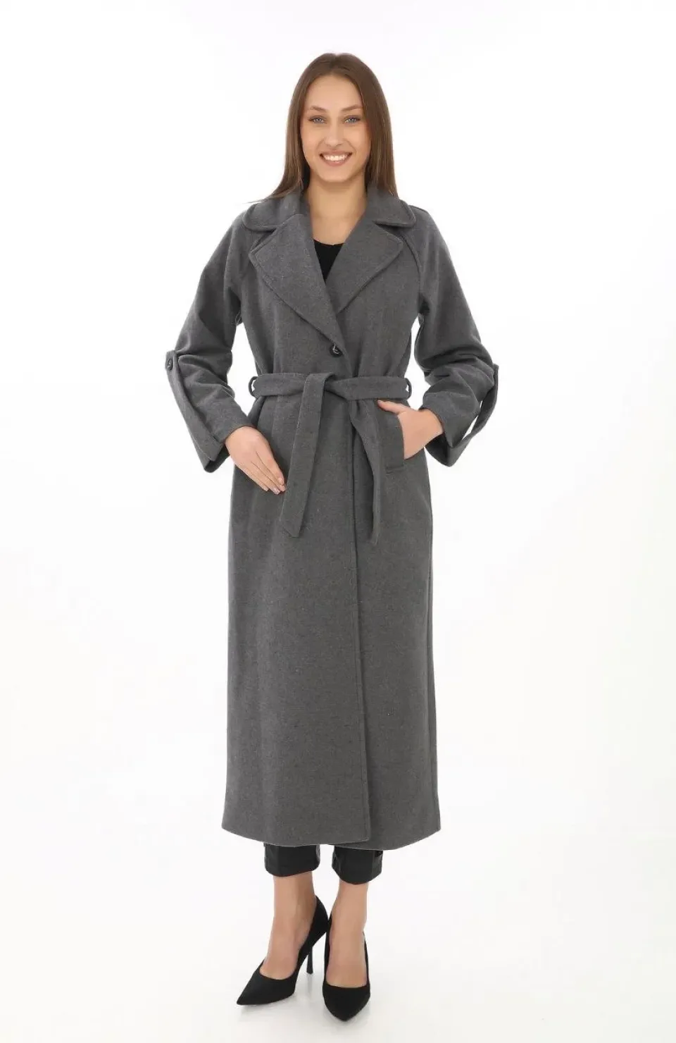 Kadın Kolu Apoletli Astarlı Kaşmir Kaşe Kaban - Füme Somersan Giyim | Kadın, Erkek ve Çocuk Moda