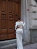 Straplez , Madonna , Carmen Yaka Croplu Uzun Etekli ikili Takım Triko - Beyaz