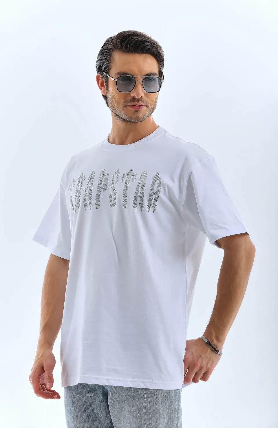 Unisex Oversize Taşlı Bisiklet Yaka T-Shirt - Beyaz