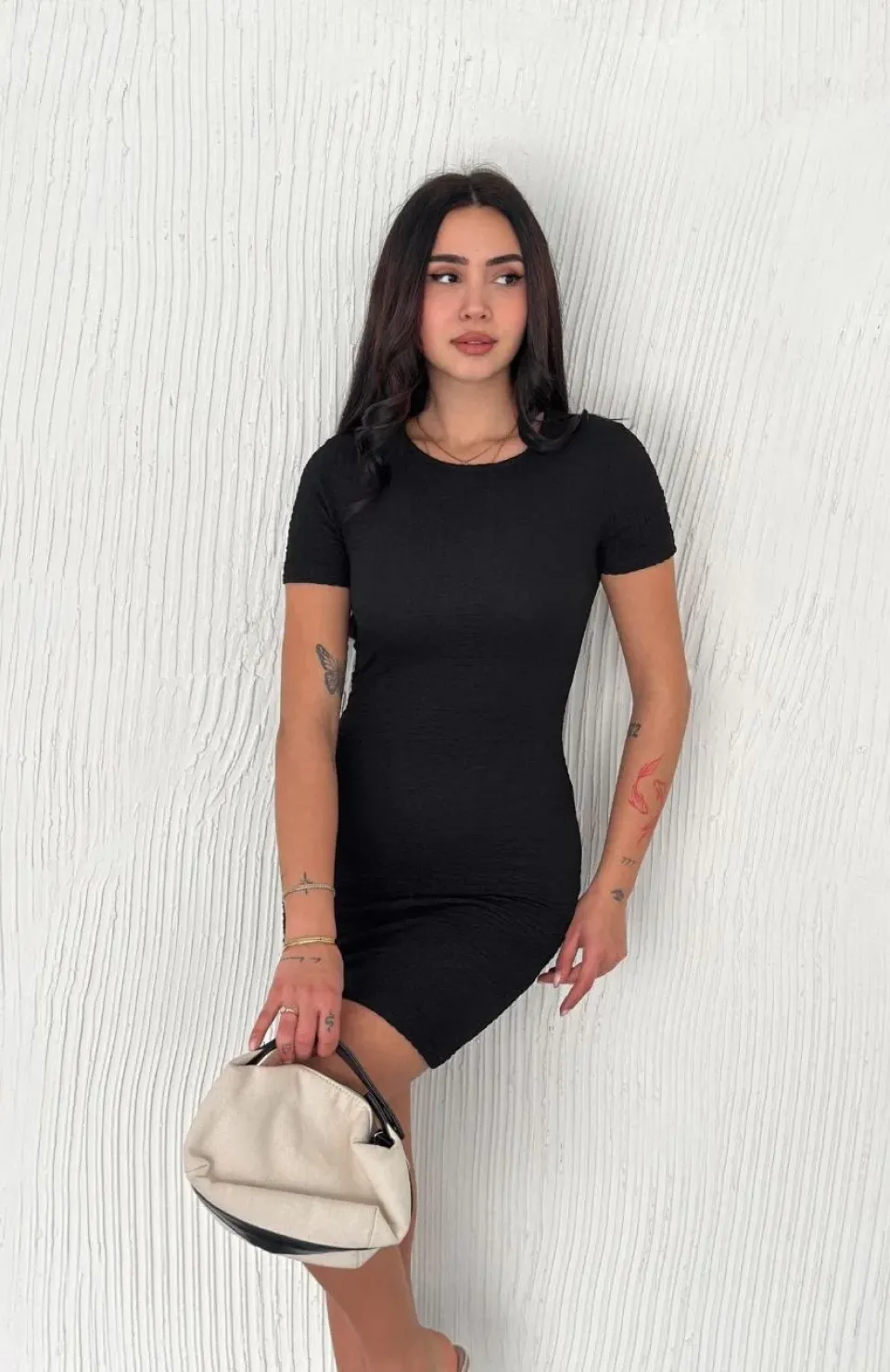 Kadın Bisiklet Yaka Kısa Kol Likralı Elbise - Siyah