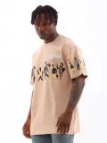 Unisex Bisiklet Yaka Baskılı Oversize T-Shirt - Bej