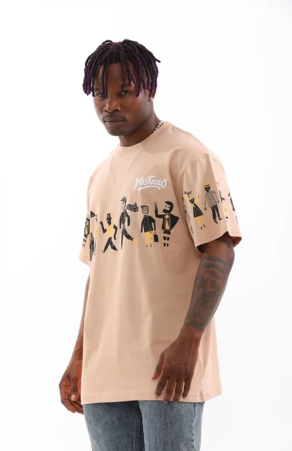 Unisex Bisiklet Yaka Baskılı Oversize T-Shirt - Bej