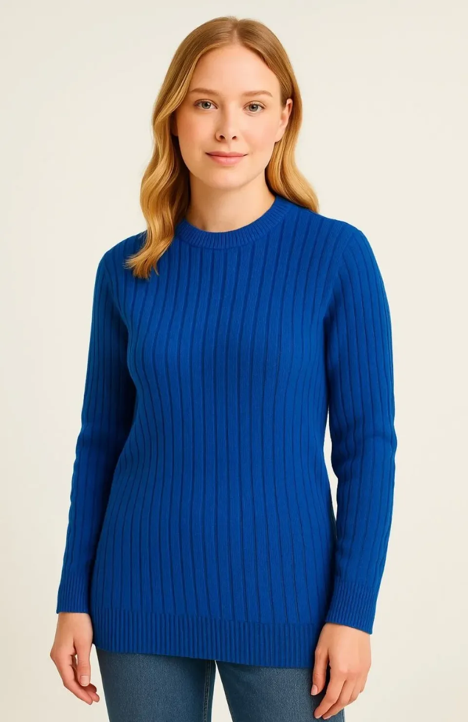 Kadın Bisiklet Yuvarlak Yaka Triko Kazak Pamuklu Kalın Fitilli Dokuma, Regular Fit Uzun Kollu Kışlık Model - Saks Mavisi