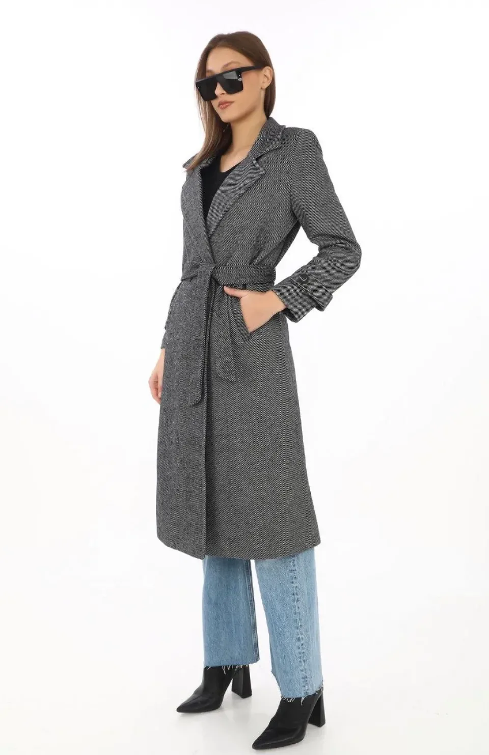 Kadın Astarlı Balık Sırtı Kaşmir Kaşe Kaban - Füme Somersan Giyim | Kadın, Erkek ve Çocuk Moda