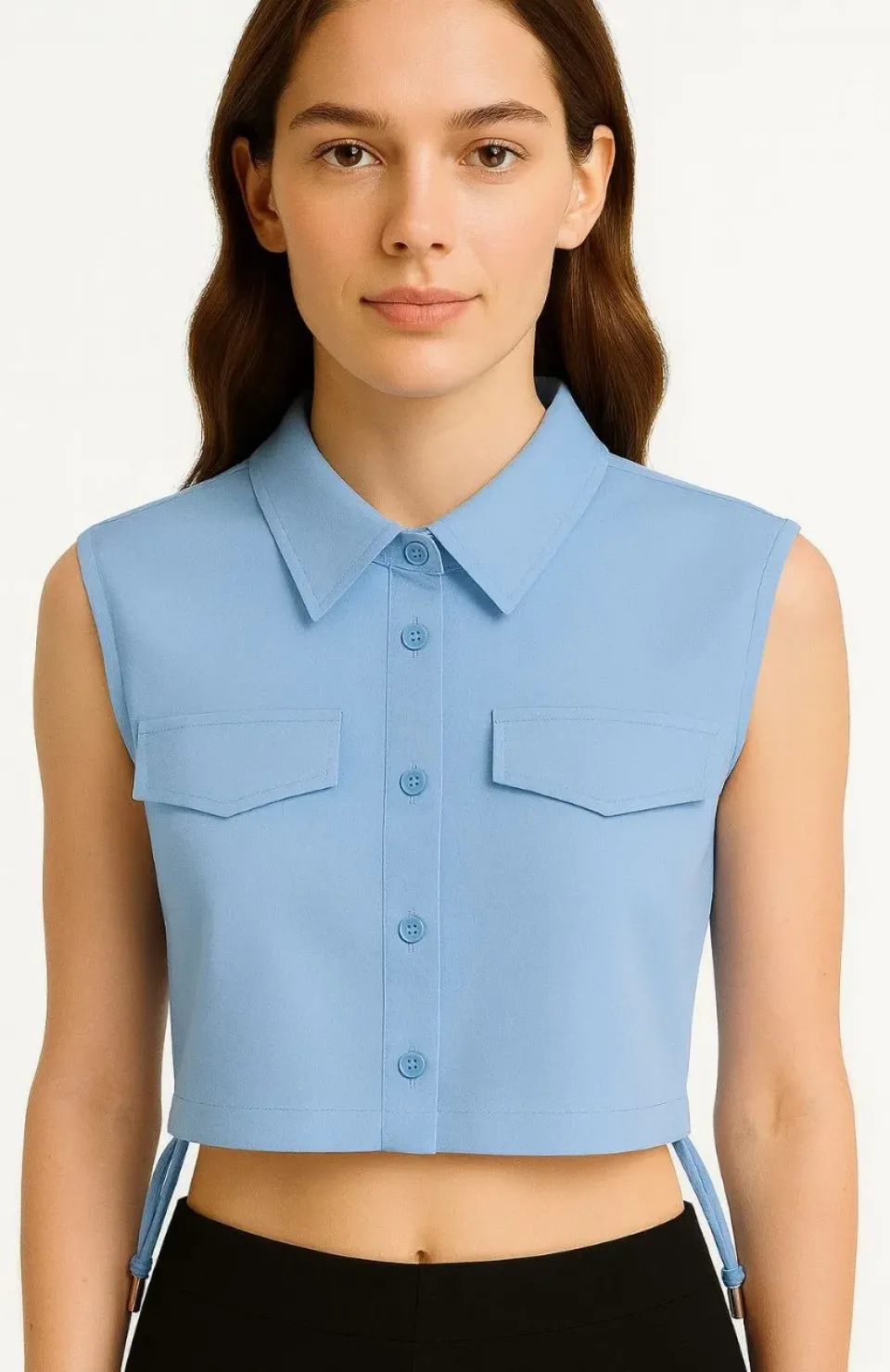Kadın Crop Poplin Gömlek Yalancı Cepli, Ayarlanabilir Yan Kordonlu, - Bebe Mavisi