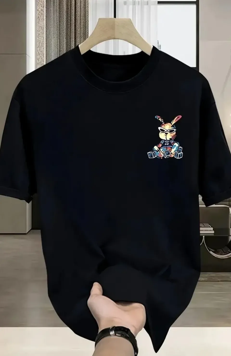 Güneş Gözlüğü Grafikli Karikatür Tavşan Oversize Kısa Kollu Tişört Çift Tişört, İlkbahar Ve Yaz- Siyah
