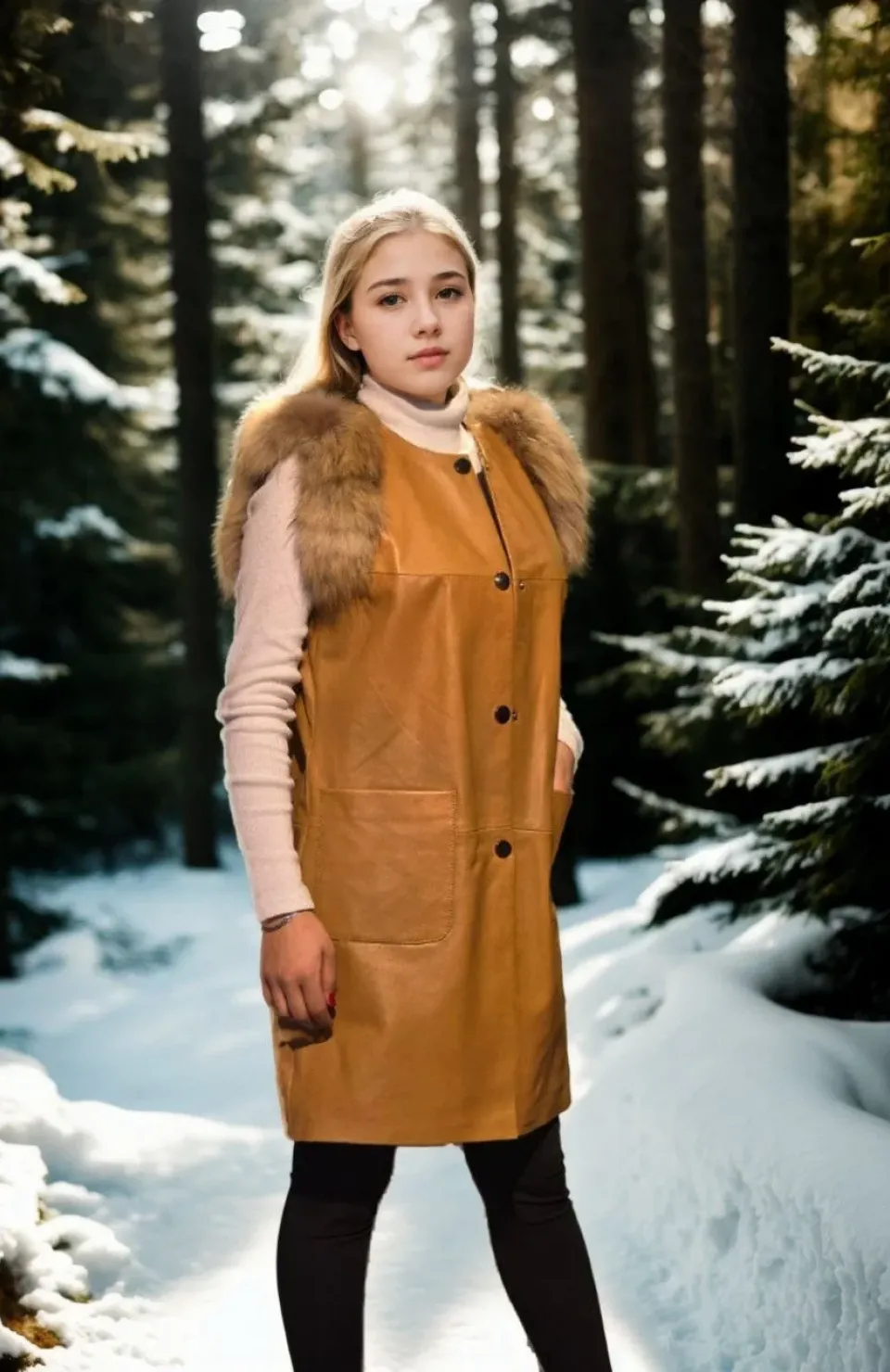 Kadın Kolsuz Hakiki Deri Kürk - Hardal