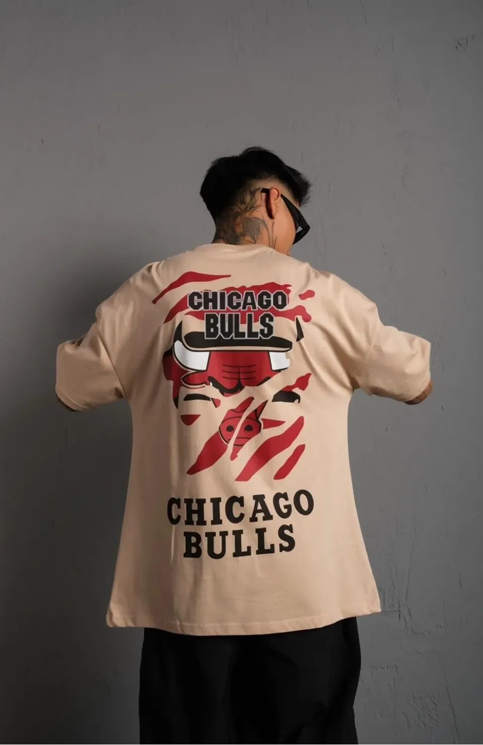 Erkek Sırt Baskılı A Kalite Oversize T-shirt - Bej