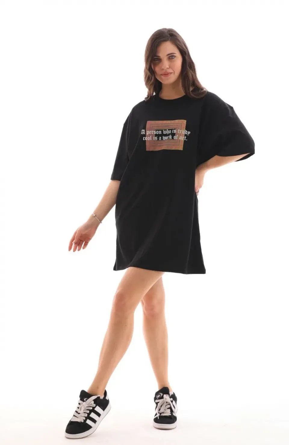 Unisex Bisiklet Yaka Baskılı Oversize T-Shirt - Siyah