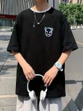 20/1 Penye Compack Bisiklet Yaka Kore tarzı sevimli ayı baskı Kısa Kol Erkek t-shirt - Siyah
