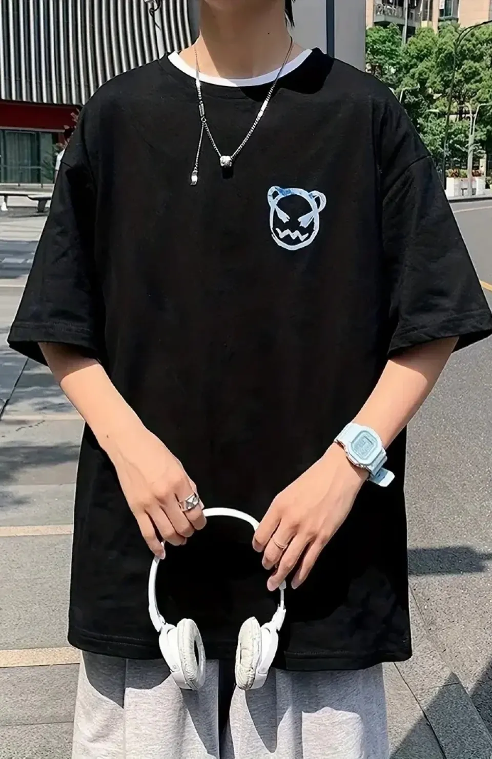 20/1 Penye Compack Bisiklet Yaka Kore tarzı sevimli ayı baskı Kısa Kol Erkek t-shirt - Siyah