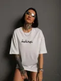 Kadın Bisiklet Yakalı Sırt Baskılı Oversize T-Shirt - Beyaz