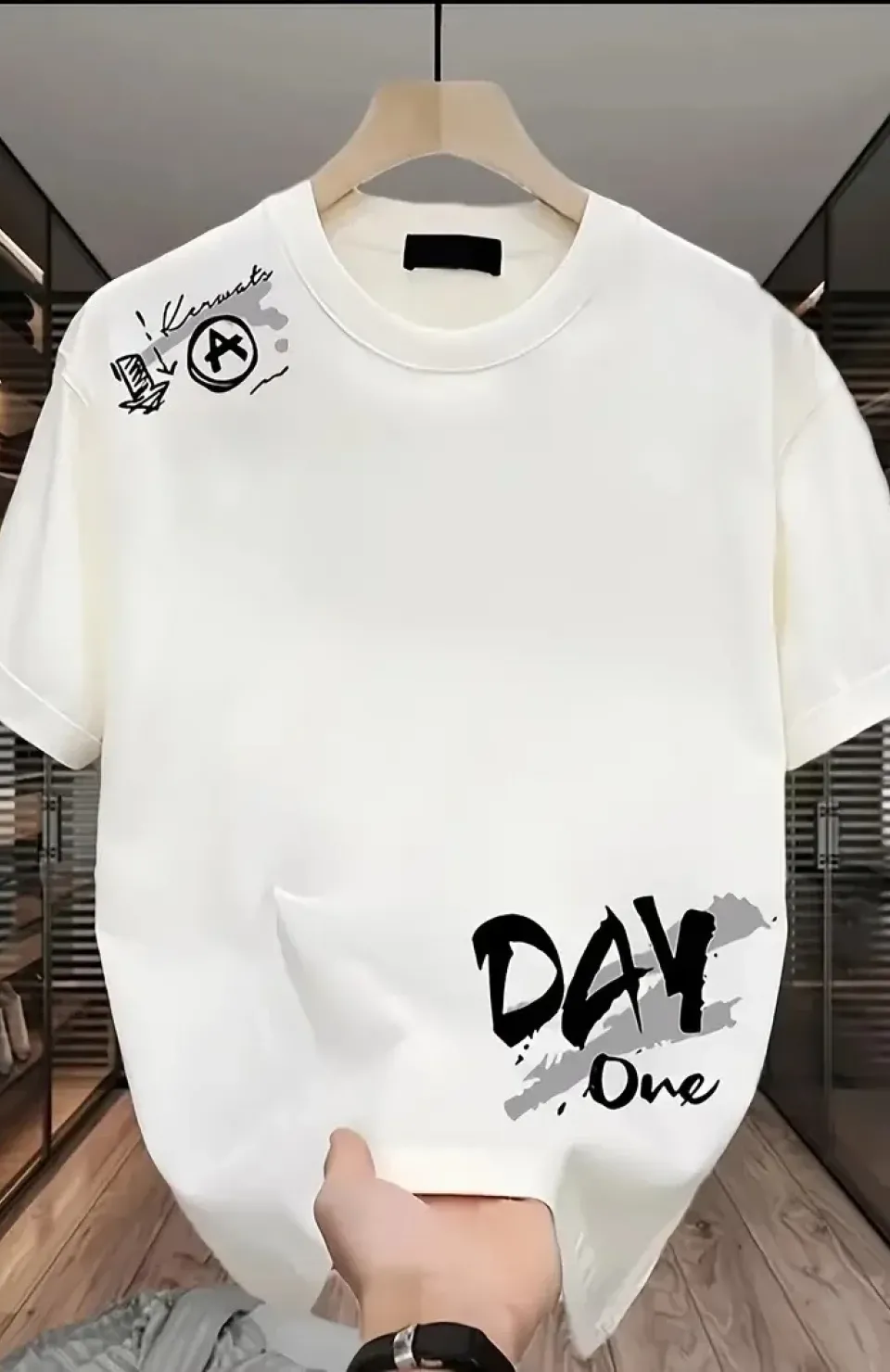Day One Baskılı Oversize Bisiklet Yaka T-shirt - Beyaz