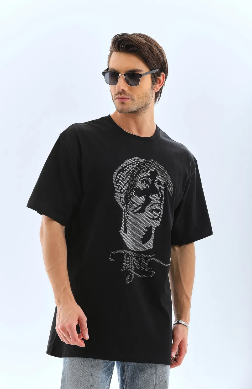 Unisex Oversize Taşlı Bisiklet Yaka T-Shirt - Siyah