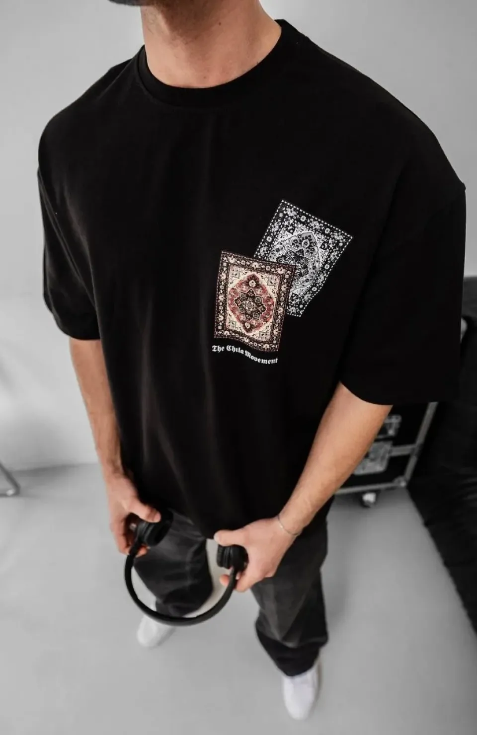 Erkek Baskılı Oversize T-shirt - Siyah