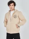 Erkek Kapüşonlu Baskılı Fermuarlı Hırka - Bej