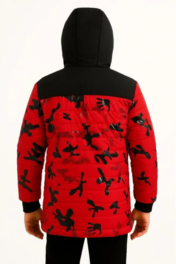 Erkek Çocuk Kamuflaj Desenli Mont İçi Sıcak Tutan Pelüş Astarlı, Kapüşonlu, Fermuarlı Kışlık Su İtici Şişme Mont - Kırmızı