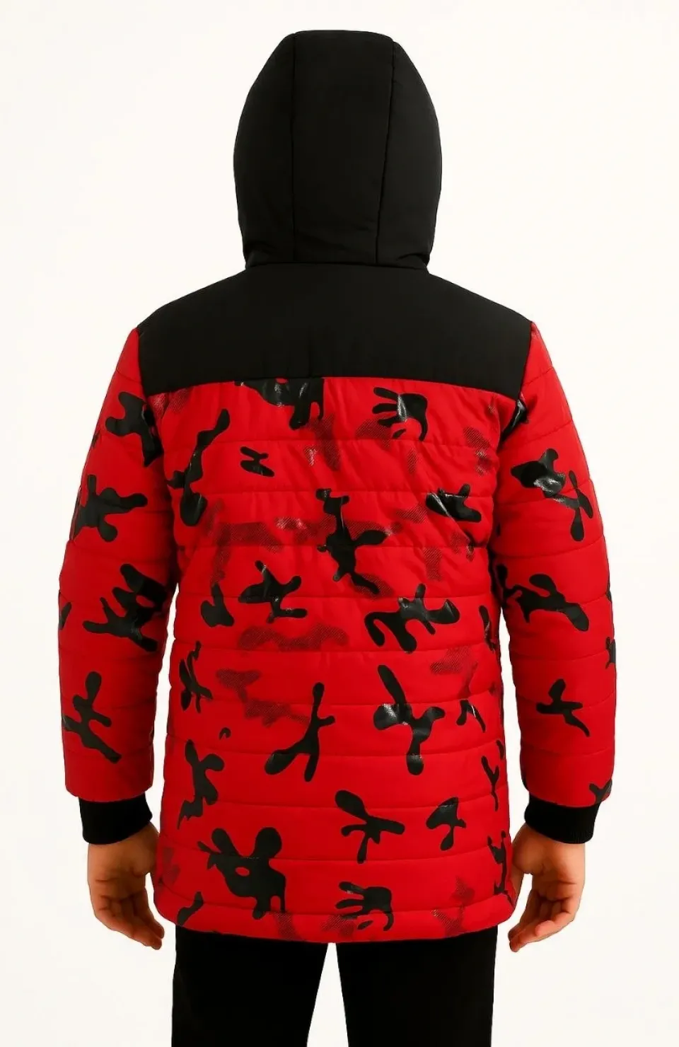 Erkek Çocuk Kamuflaj Desenli Mont İçi Sıcak Tutan Pelüş Astarlı, Kapüşonlu, Fermuarlı Kışlık Su İtici Şişme Mont - Kırmızı Somersan Giyim | Kadın, Erkek ve Çocuk Moda