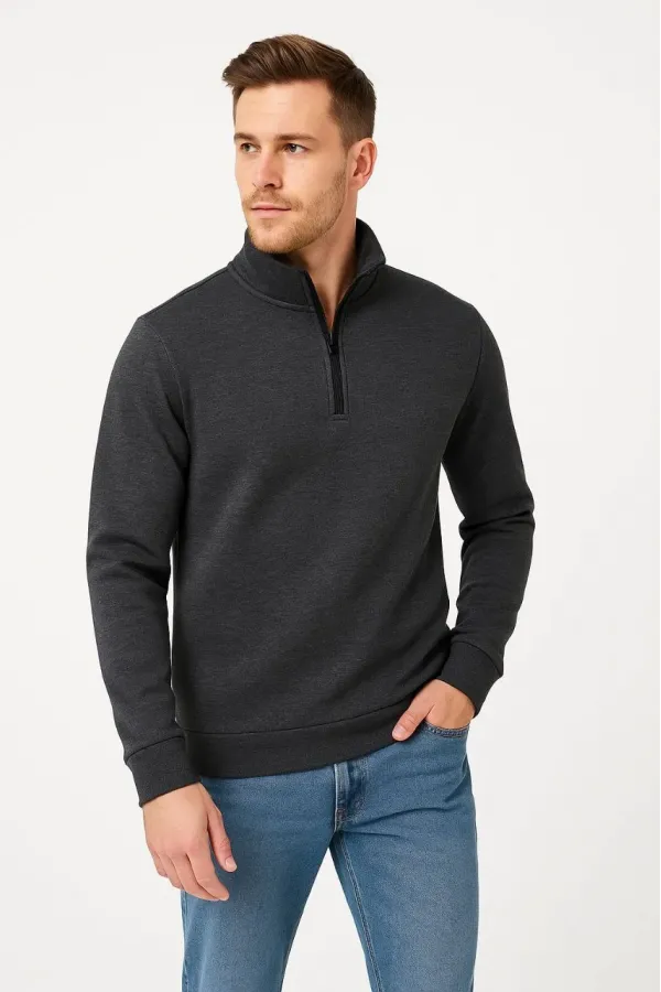 Erkek Dik Yaka Sweatshirt Dik Yaka Yarım Fermuarlı 3 İplik Şardonlu Pamuk Kumaş - Antrasit