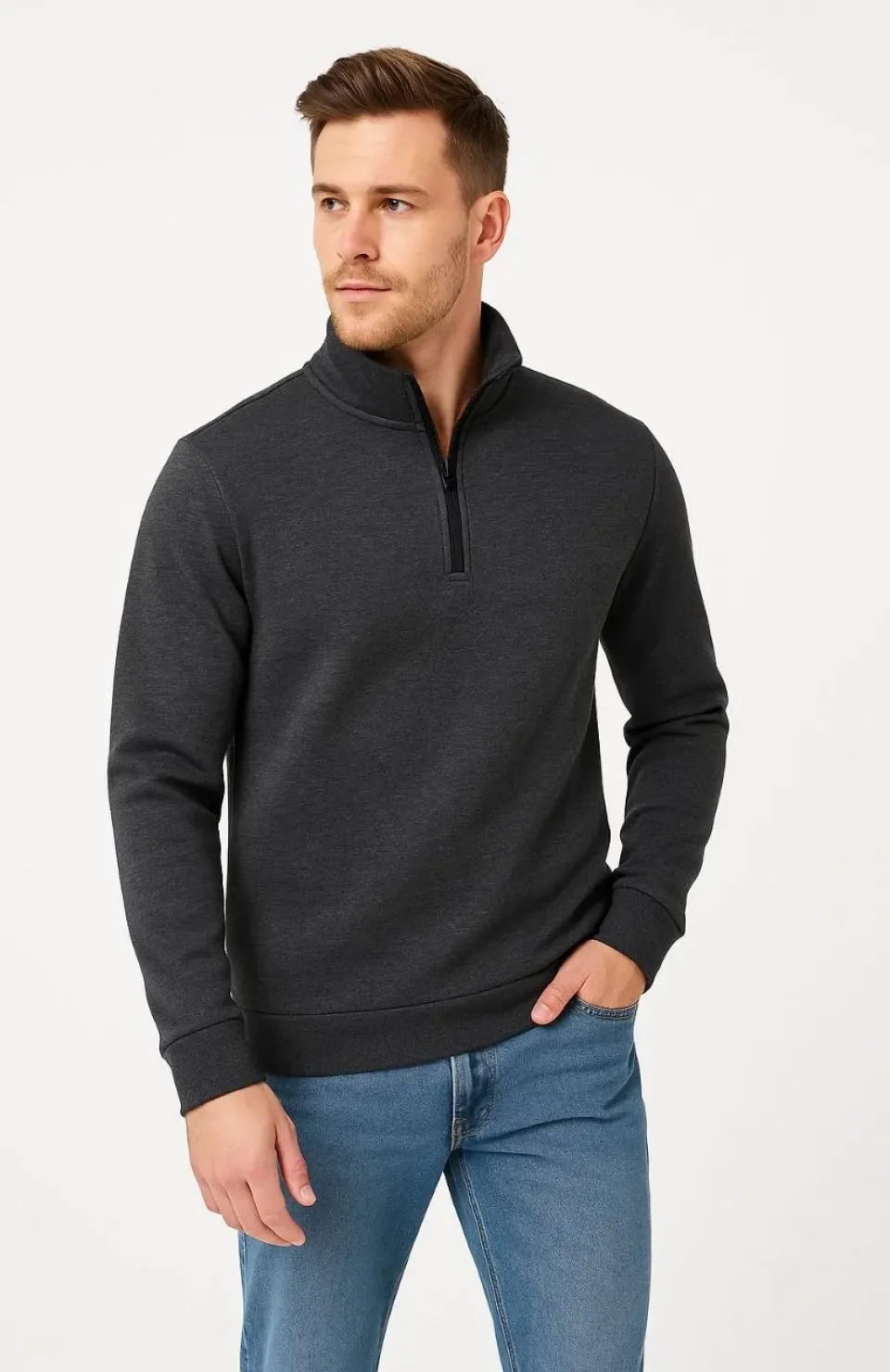 Erkek Dik Yaka Sweatshirt Dik Yaka Yarım Fermuarlı 3 İplik Şardonlu Pamuk Kumaş - Antrasit