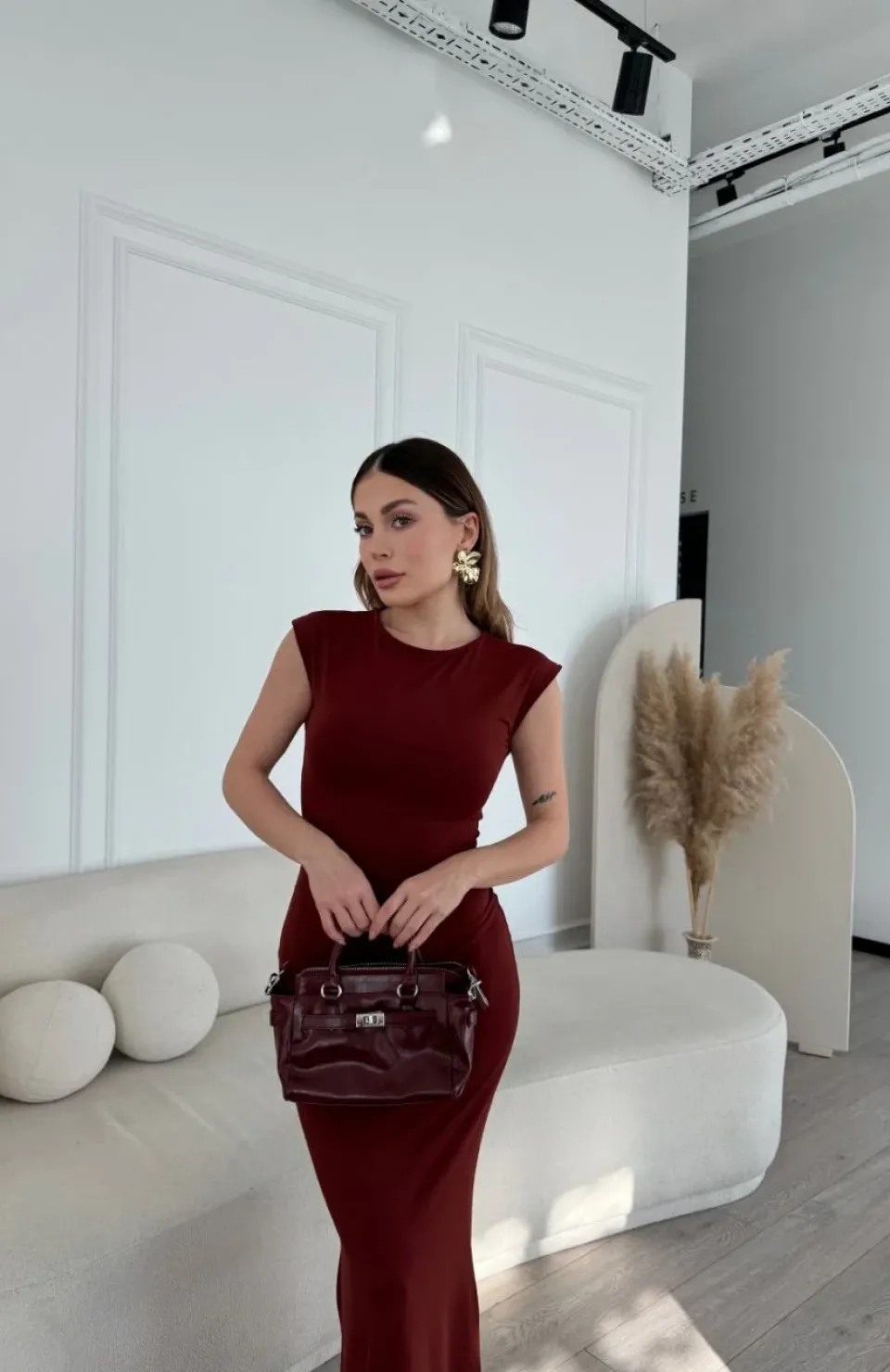 Kolsuz Uzun Likralı Elbise - Bordo