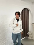 Erkek Oversize Dik Yaka Fermuarlı Sweatshirt - Zincir Nakışli Kanguru Cepli - Beyaz