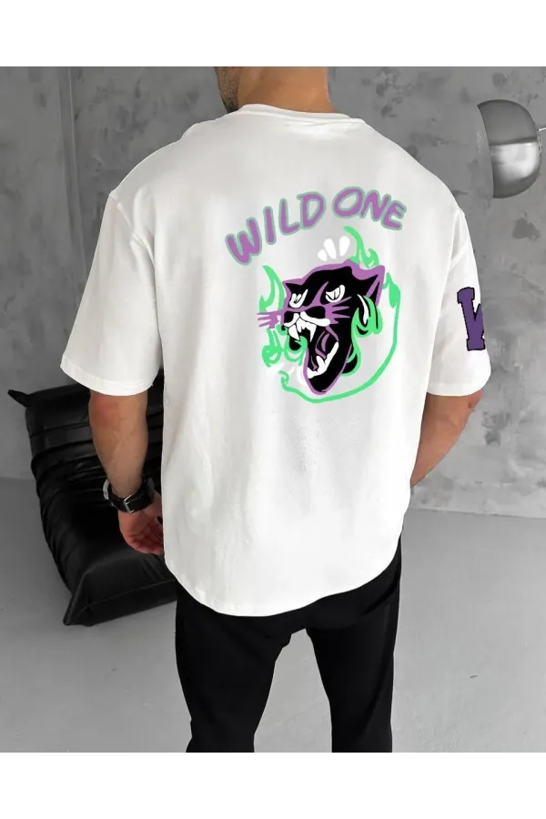 Unisex Bisiklet Yaka Baskılı Oversize T-Shirt - Beyaz